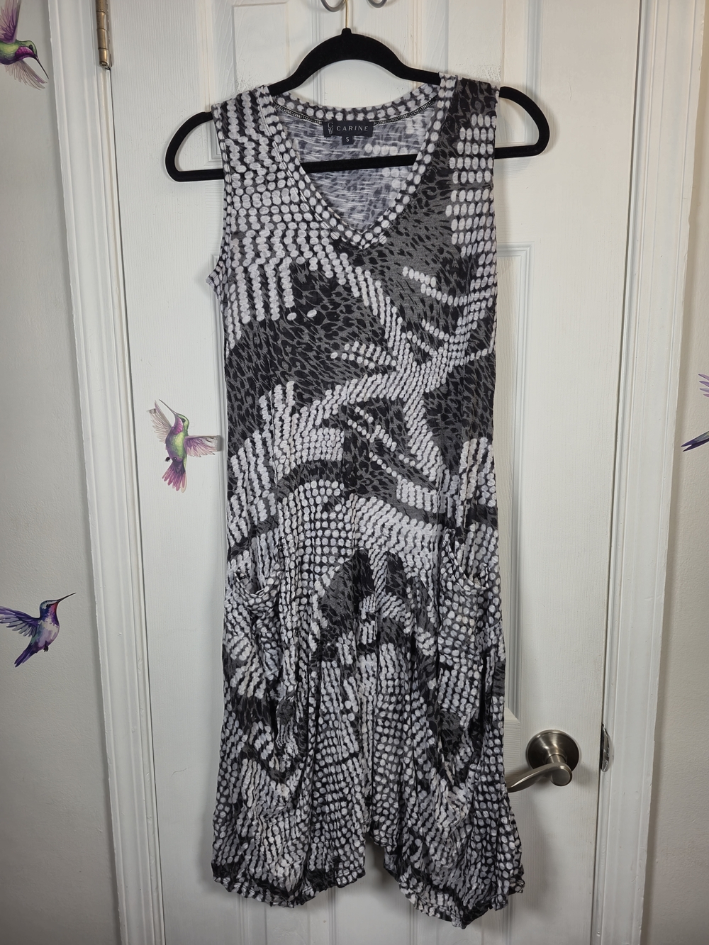Carine Animal Print Sleeveless Midi Dress w/ Pockets Grey White Lagenlook Small
